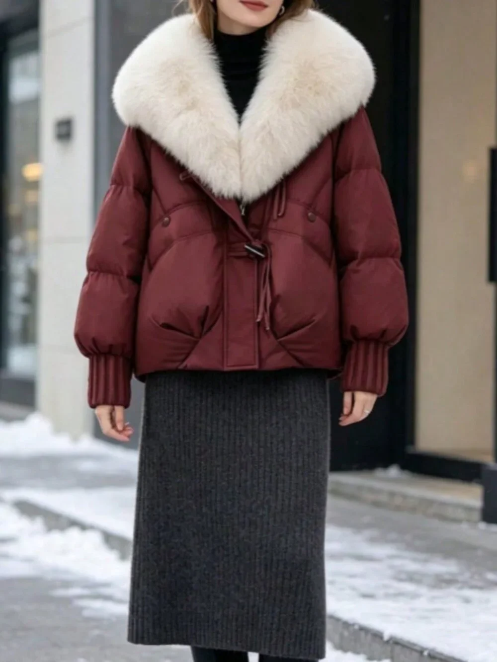 Burgundy Casual Women's Short Loose Thick Cotton-Padded Jacket